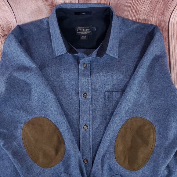 Pendleton Mens Size Large Trail Shirt Blue Virgin Wool Button Up Elbow Patch - Picture 7 of 14